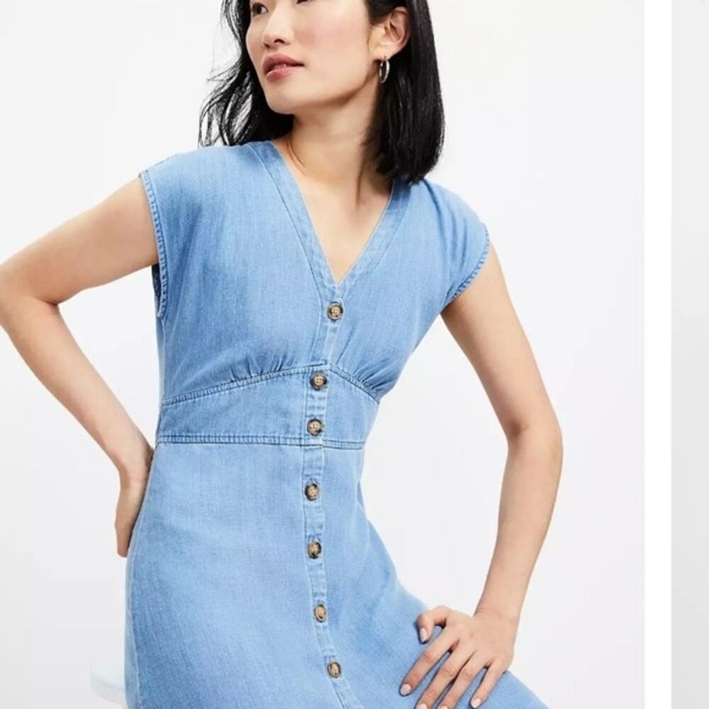 LOFT Chambray Button-Front Flare Dress - Size 16 Lyocell